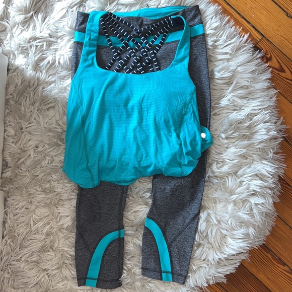 LULULEMON LEGGINGS TURQUOISE & GREY. Sz. 6. Crop pant  & Sport Top. - Picture 1 of 10